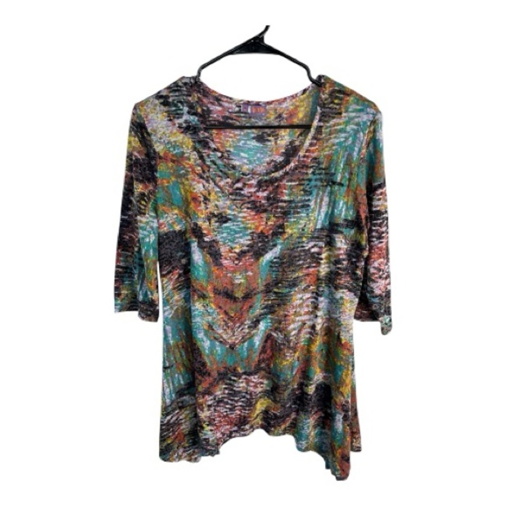 Vintage Tianello Women’s Colorful Abstract Long Top Size M Boho Y2K Tribal